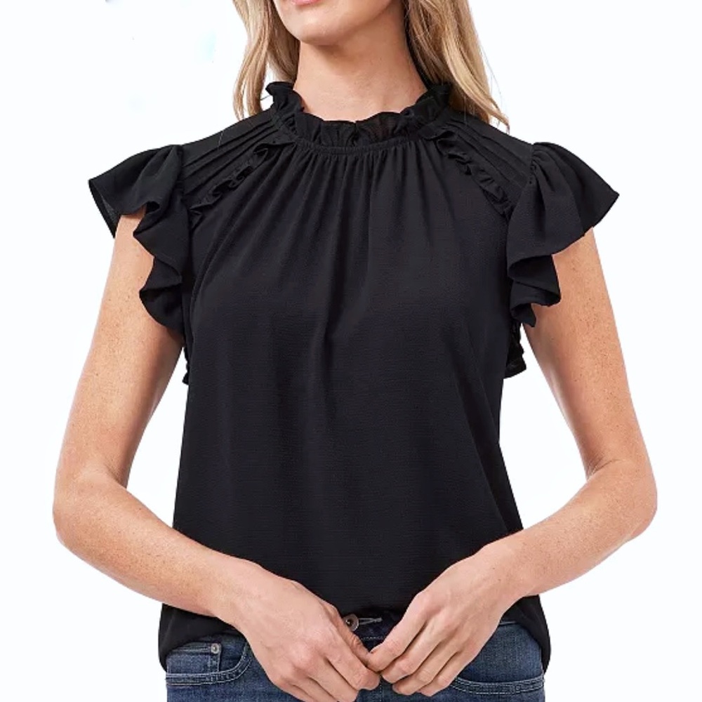 CECE Mock Neck Ruffled Flutter Sleeve Top